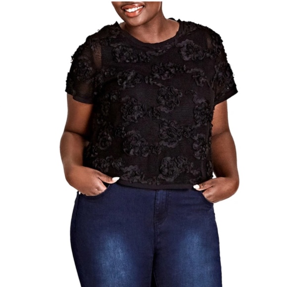 City Chic Plus Size Black Flower Garden Appliqué Cropped Top - Picture 1 of 5